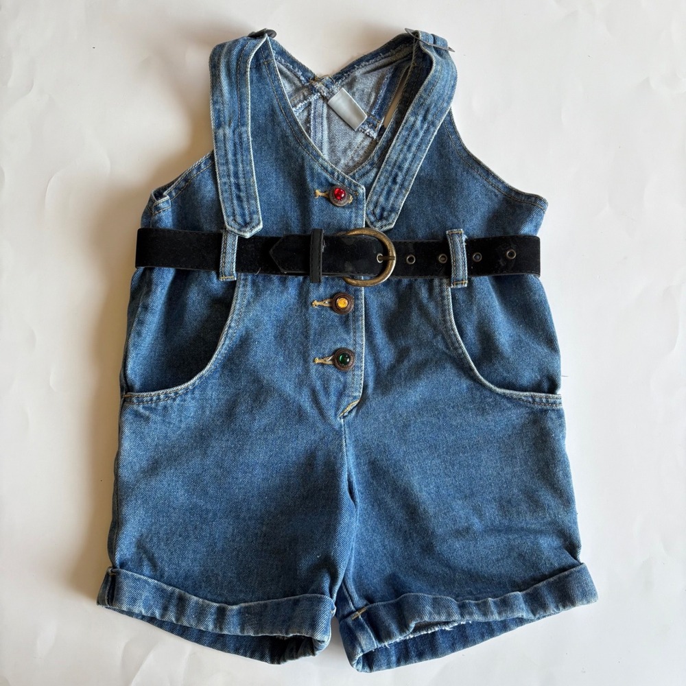 Vintage Y2K Denim Shortalls Medium‎ Wash Jeweled Buttons Belted Romper Blue 4/5